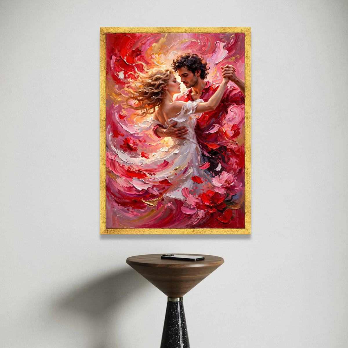 Romantic Dance Couple Canvas, Passionate Red and Pink Swirl Art, Lovers Embrace Wall Art, Dynamic Movement Decor, Home Canvas Print Art
