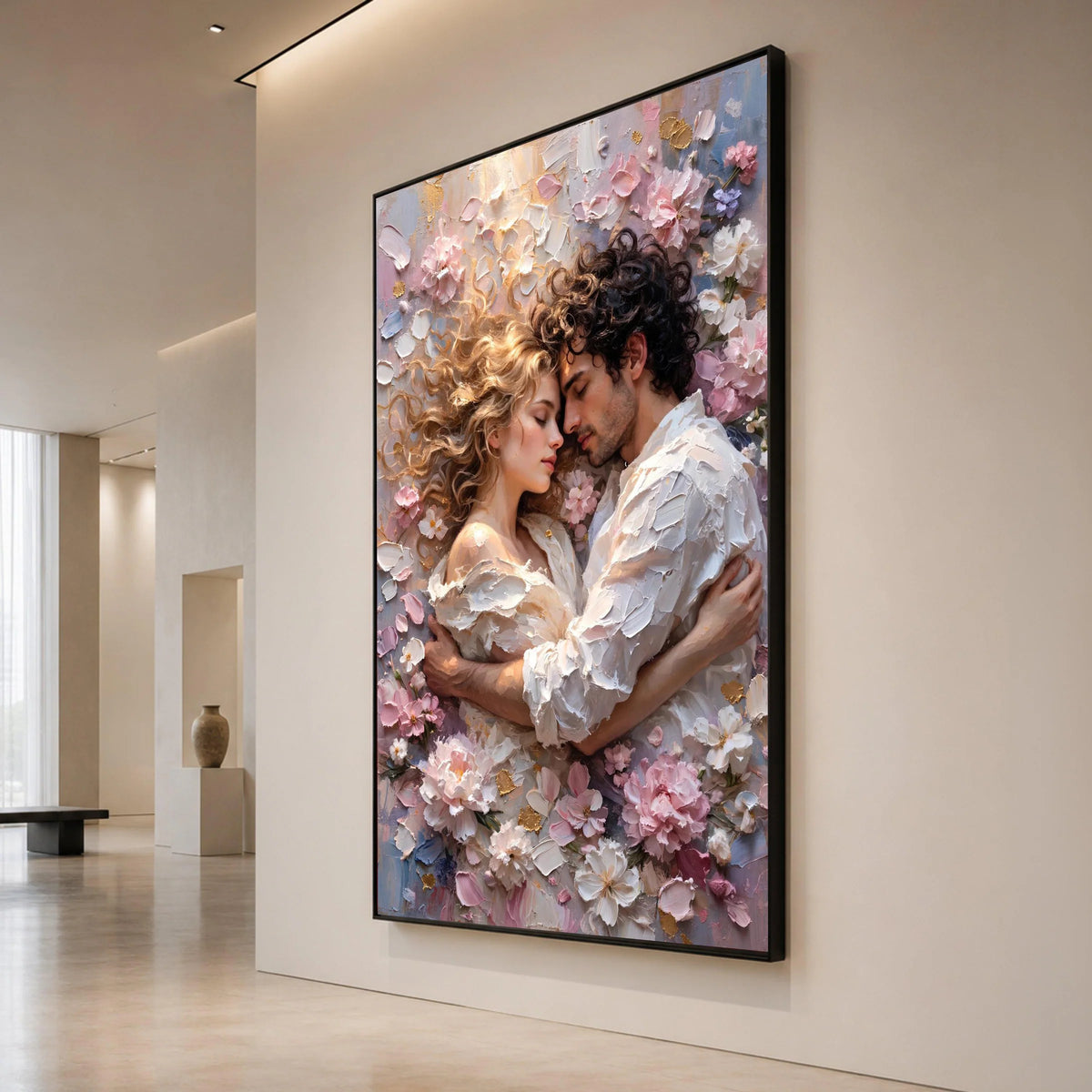 Romantic Embrace Canvas, Couple Love Wall Art, Floral Surroundings Canvas, Intimate Home Decoration, Soft Pastel Palette Canvas Print Art