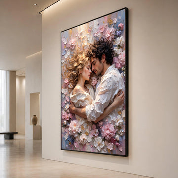 Romantic Embrace Canvas, Couple Love Wall Art, Floral Surroundings Canvas, Intimate Home Decoration, Soft Pastel Palette Canvas Print Art