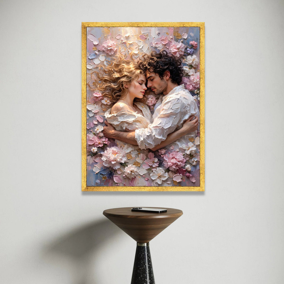 Romantic Embrace Canvas, Couple Love Wall Art, Floral Surroundings Canvas, Intimate Home Decoration, Soft Pastel Palette Canvas Print Art