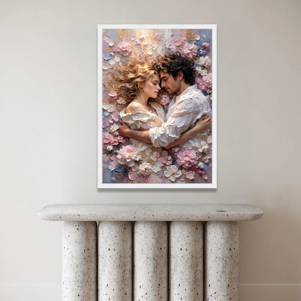 Romantic Embrace Canvas, Couple Love Wall Art, Floral Surroundings Canvas, Intimate Home Decoration, Soft Pastel Palette Canvas Print Art