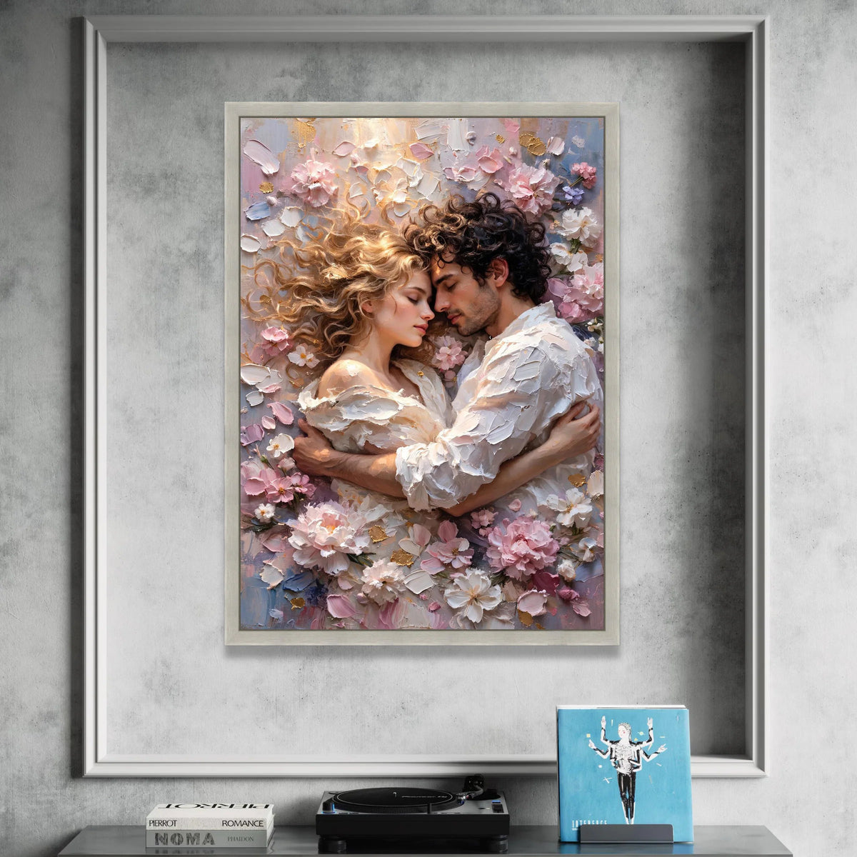 Romantic Embrace Canvas, Couple Love Wall Art, Floral Surroundings Canvas, Intimate Home Decoration, Soft Pastel Palette Canvas Print Art