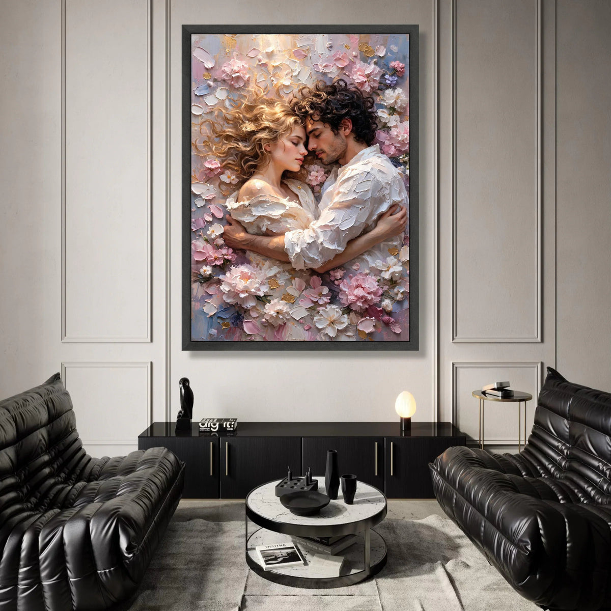 Romantic Embrace Canvas, Couple Love Wall Art, Floral Surroundings Canvas, Intimate Home Decoration, Soft Pastel Palette Canvas Print Art