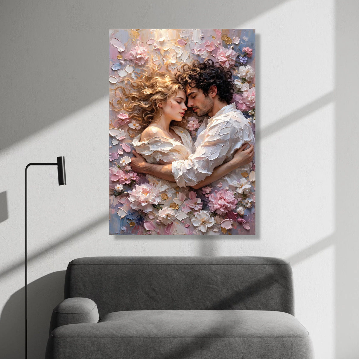 Romantic Embrace Canvas, Couple Love Wall Art, Floral Surroundings Canvas, Intimate Home Decoration, Soft Pastel Palette Canvas Print Art