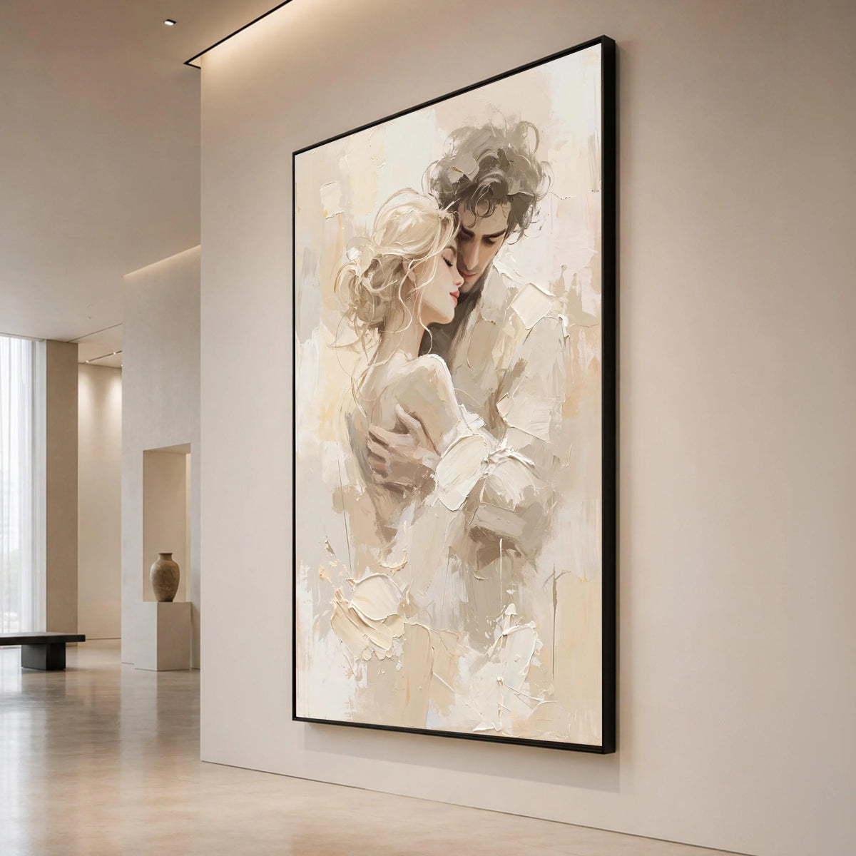 Romantic Embrace Couple Canvas, Intimate Love Portrait Wall Art, Soft Neutral Tones, Modern Relationship Artwork, Home Canvas Print Art