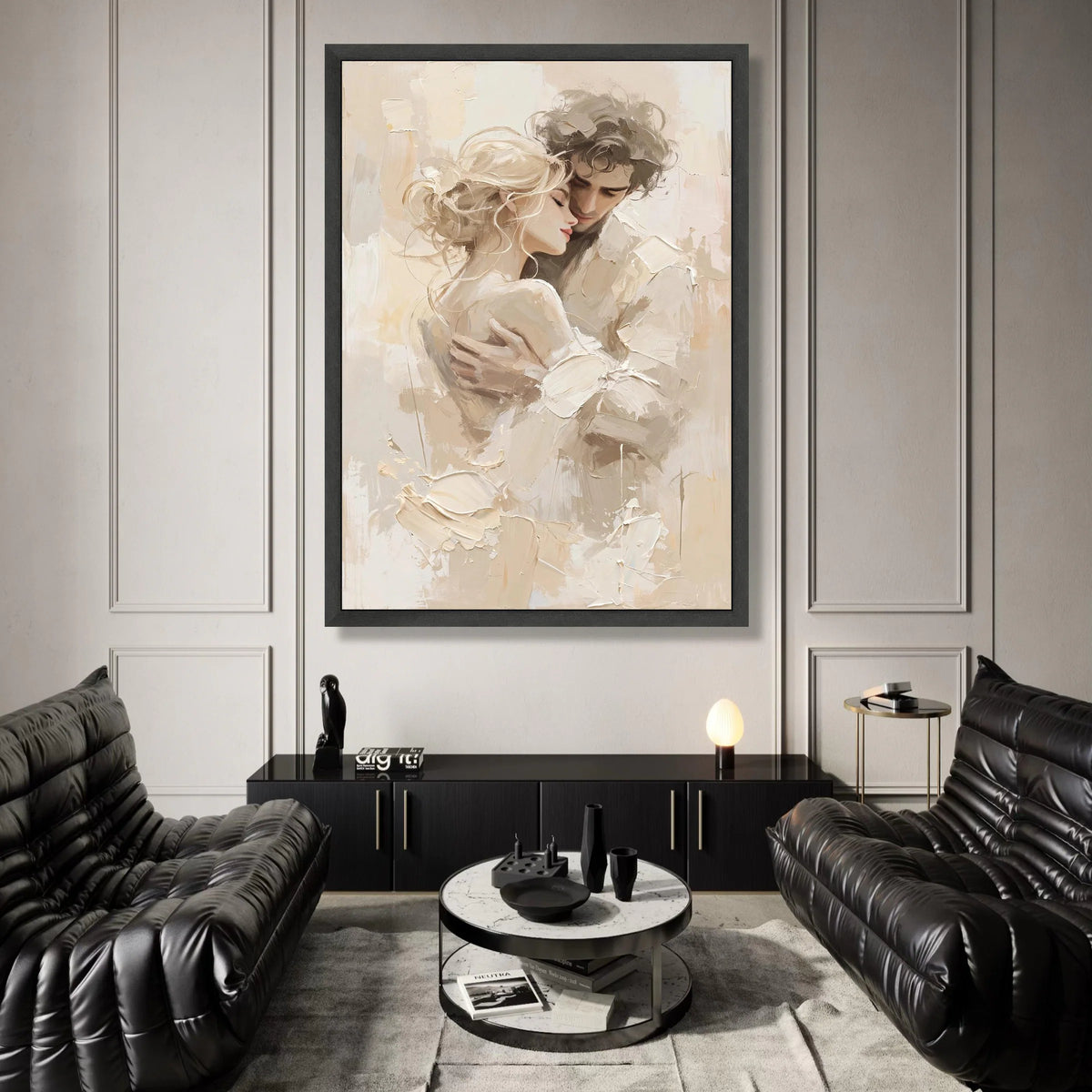 Romantic Embrace Couple Canvas, Intimate Love Portrait Wall Art, Soft Neutral Tones, Modern Relationship Artwork, Home Canvas Print Art