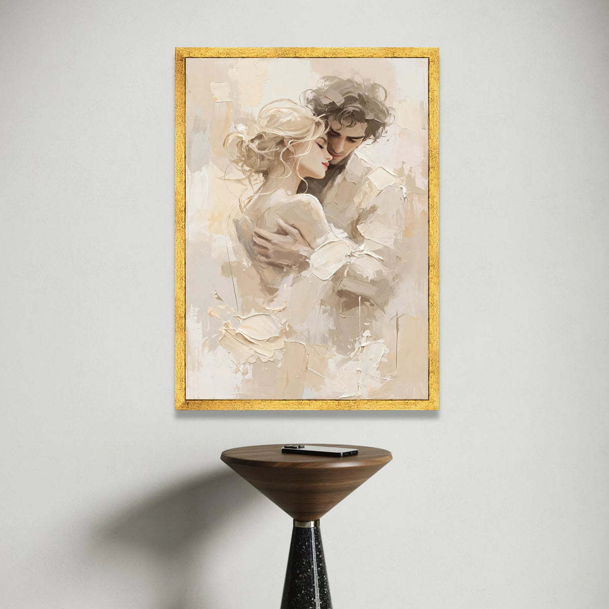 Romantic Embrace Couple Canvas, Intimate Love Portrait Wall Art, Soft Neutral Tones, Modern Relationship Artwork, Home Canvas Print Art