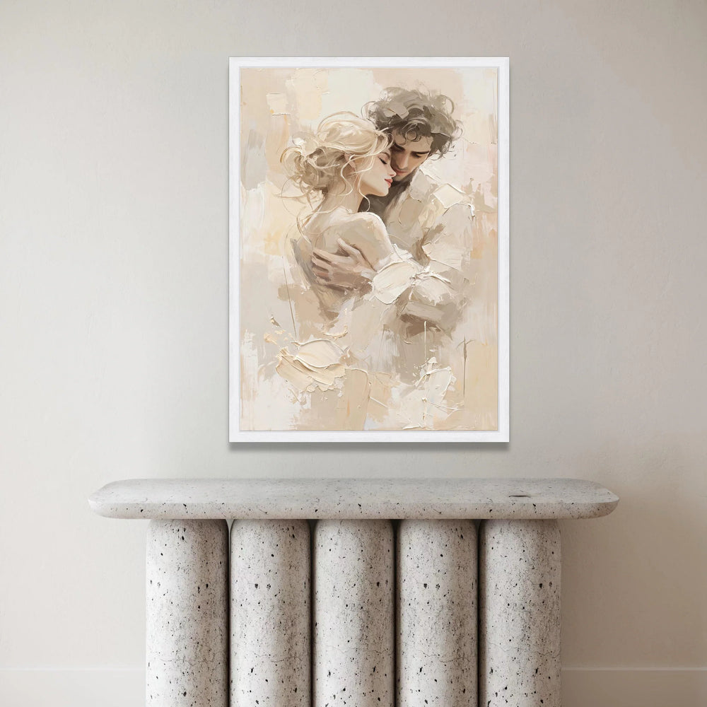 Romantic Embrace Couple Canvas, Intimate Love Portrait Wall Art, Soft Neutral Tones, Modern Relationship Artwork, Home Canvas Print Art