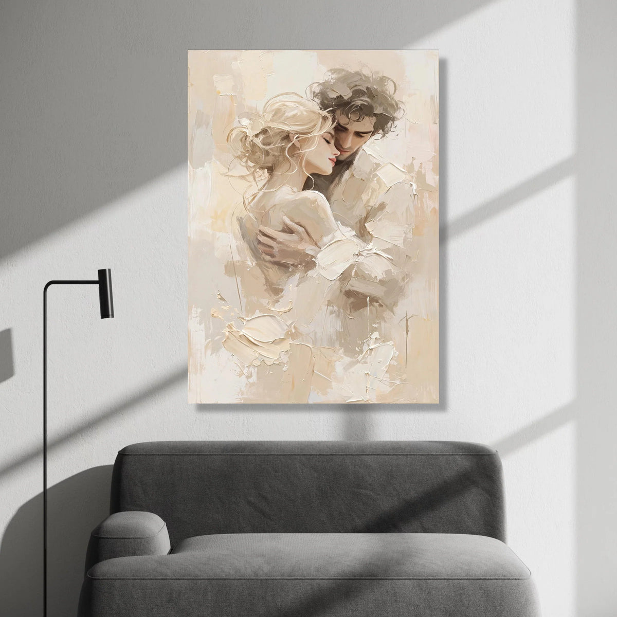 Romantic Embrace Couple Canvas, Intimate Love Portrait Wall Art, Soft Neutral Tones, Modern Relationship Artwork, Home Canvas Print Art