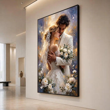 Romantic Wedding Embrace, Bride and Groom Canvas, Love Couple Wall Art, Elegant Bridal Bouquet, Intimate Moment Decoration Canvas Print Art