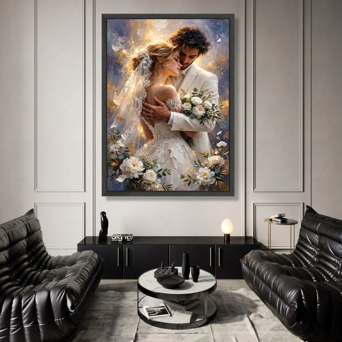 Romantic Wedding Embrace, Bride and Groom Canvas, Love Couple Wall Art, Elegant Bridal Bouquet, Intimate Moment Decoration Canvas Print Art