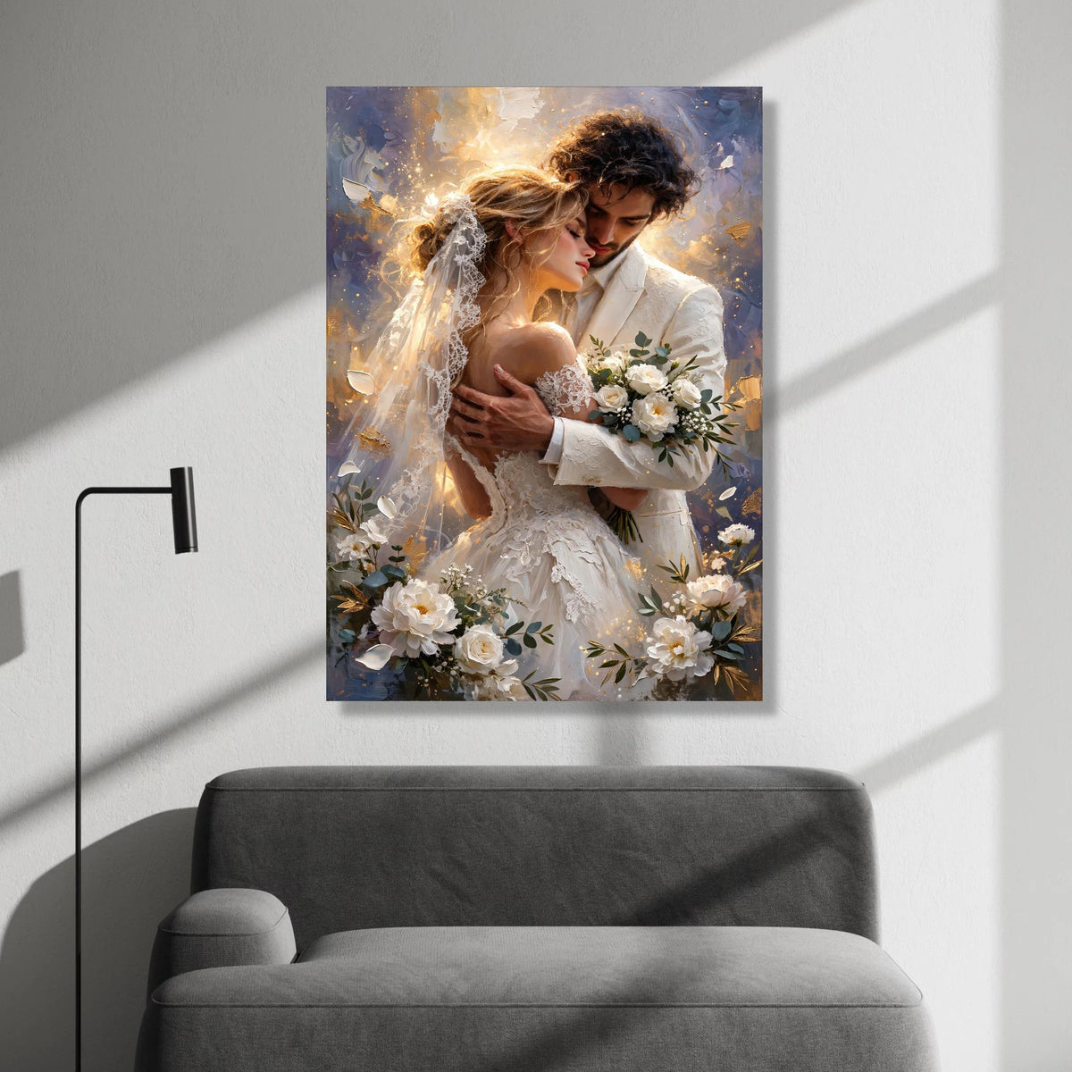 Romantic Wedding Embrace, Bride and Groom Canvas, Love Couple Wall Art, Elegant Bridal Bouquet, Intimate Moment Decoration Canvas Print Art