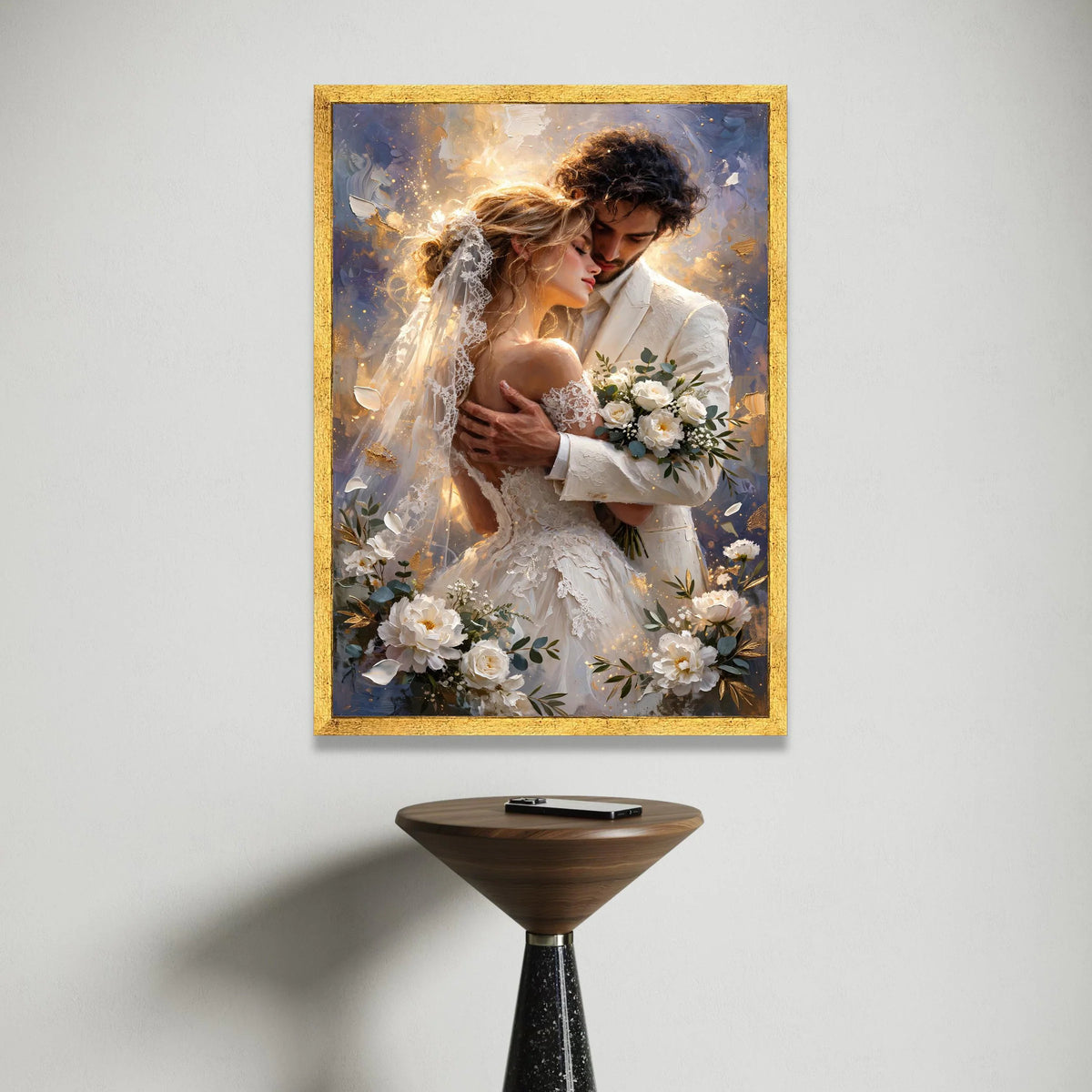 Romantic Wedding Embrace, Bride and Groom Canvas, Love Couple Wall Art, Elegant Bridal Bouquet, Intimate Moment Decoration Canvas Print Art