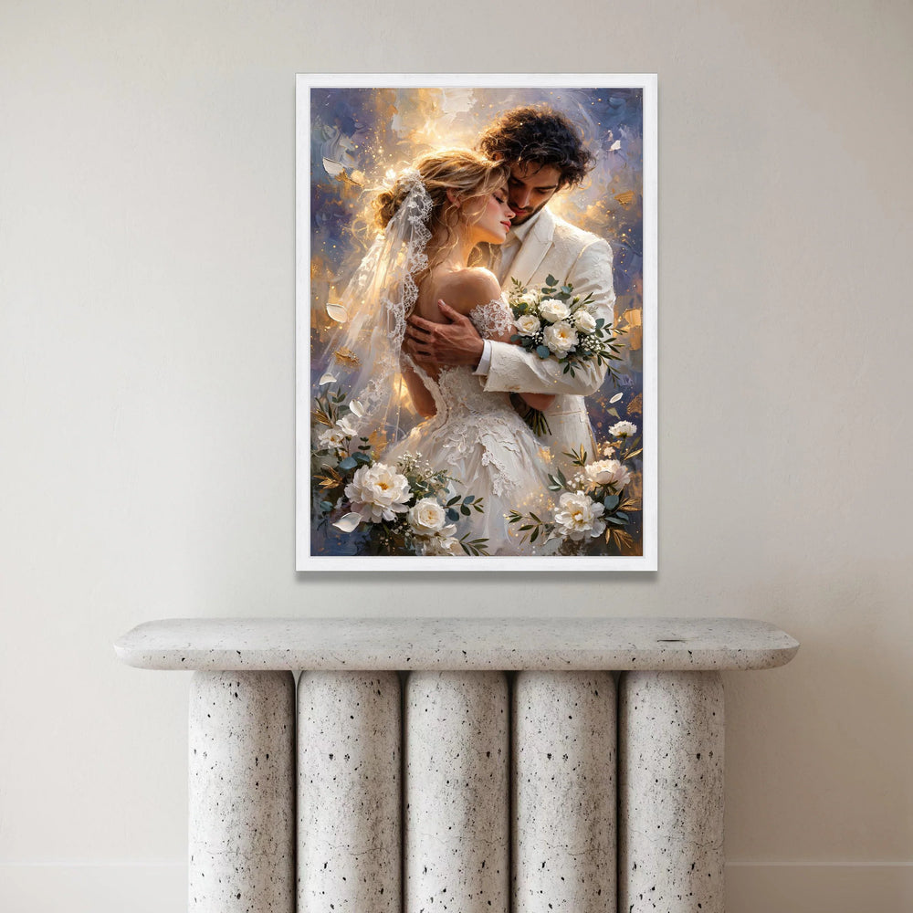 Romantic Wedding Embrace, Bride and Groom Canvas, Love Couple Wall Art, Elegant Bridal Bouquet, Intimate Moment Decoration Canvas Print Art