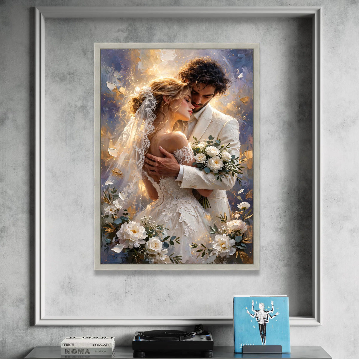 Romantic Wedding Embrace, Bride and Groom Canvas, Love Couple Wall Art, Elegant Bridal Bouquet, Intimate Moment Decoration Canvas Print Art