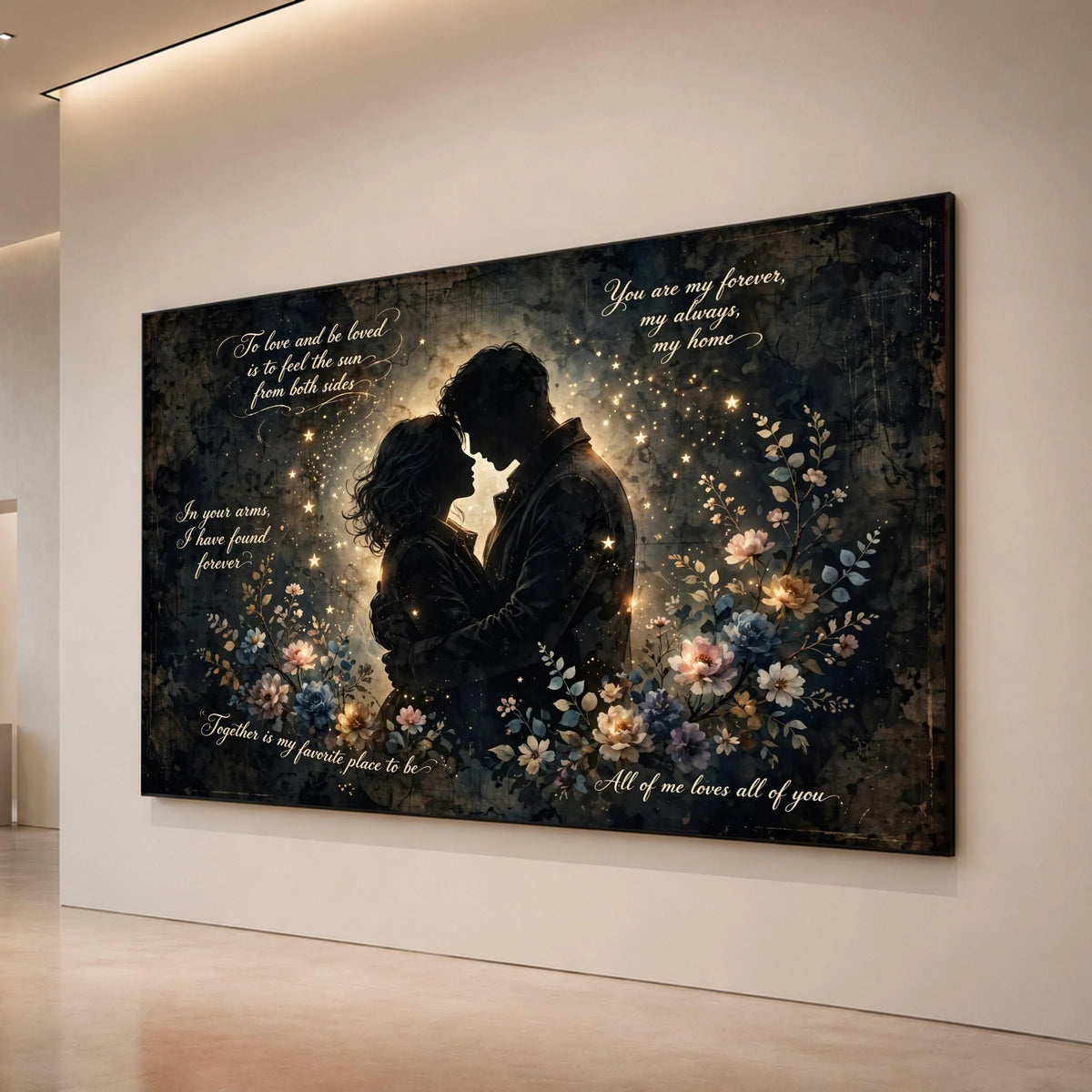 Romantic Couple Silhouette Canvas Wall Art with Inspirational Love Quotes, Floral and Starry Night Design, Heartfelt Home Canvas Print Art
