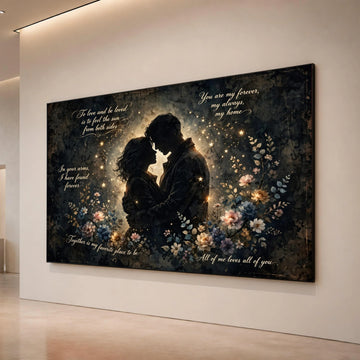 Romantic Couple Silhouette Canvas Wall Art with Inspirational Love Quotes, Floral and Starry Night Design, Heartfelt Home Canvas Print Art
