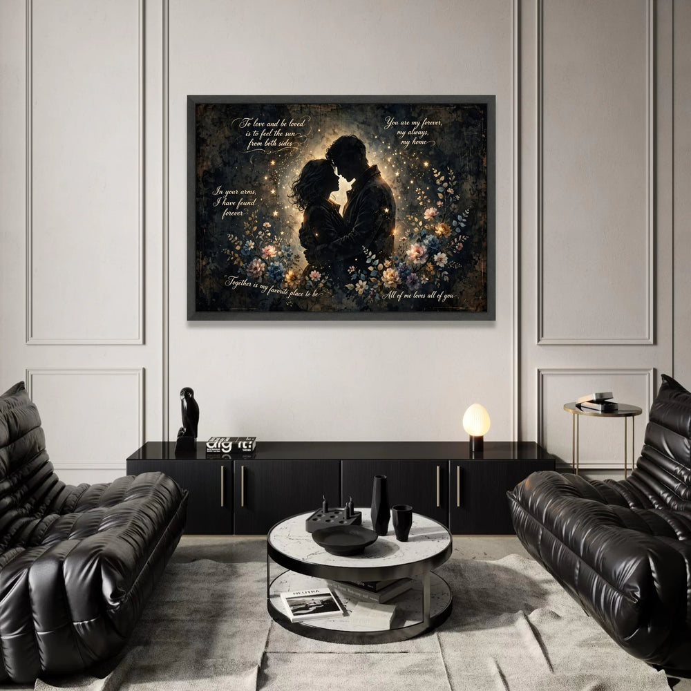 Romantic Couple Silhouette Canvas Wall Art with Inspirational Love Quotes, Floral and Starry Night Design, Heartfelt Home Canvas Print Art