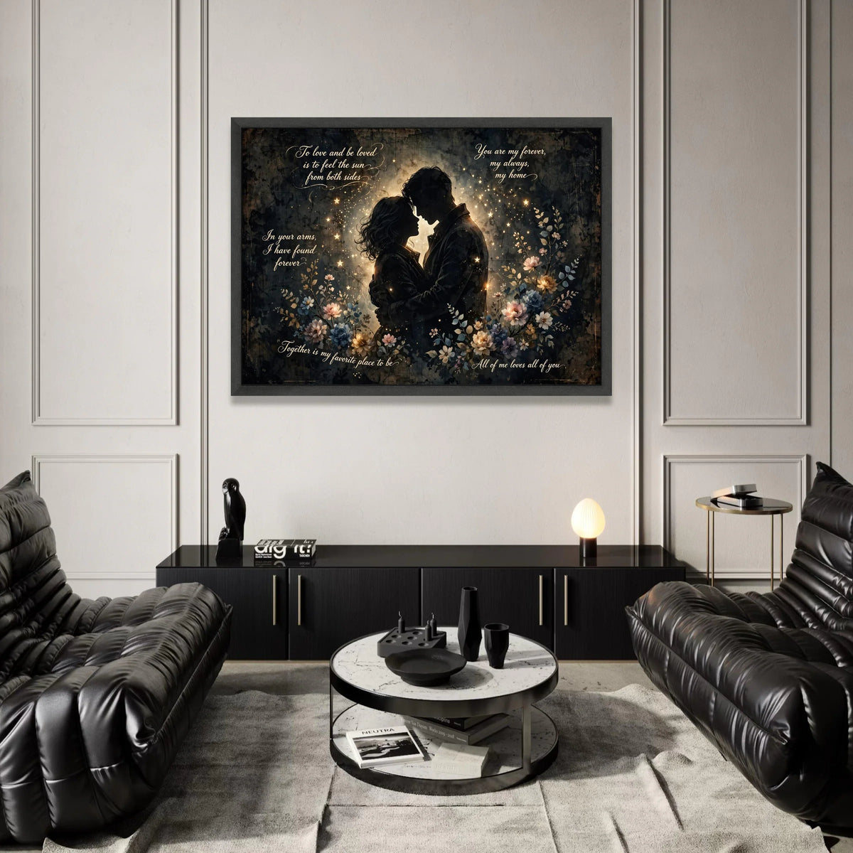 Romantic Couple Silhouette Canvas Wall Art with Inspirational Love Quotes, Floral and Starry Night Design, Heartfelt Home Canvas Print Art