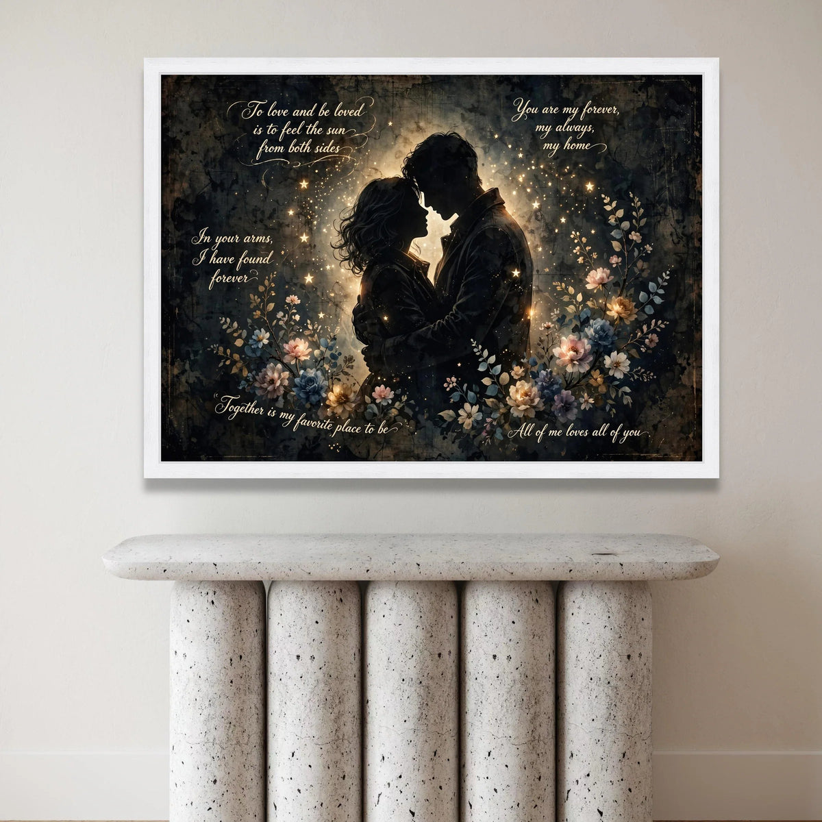 Romantic Couple Silhouette Canvas Wall Art with Inspirational Love Quotes, Floral and Starry Night Design, Heartfelt Home Canvas Print Art