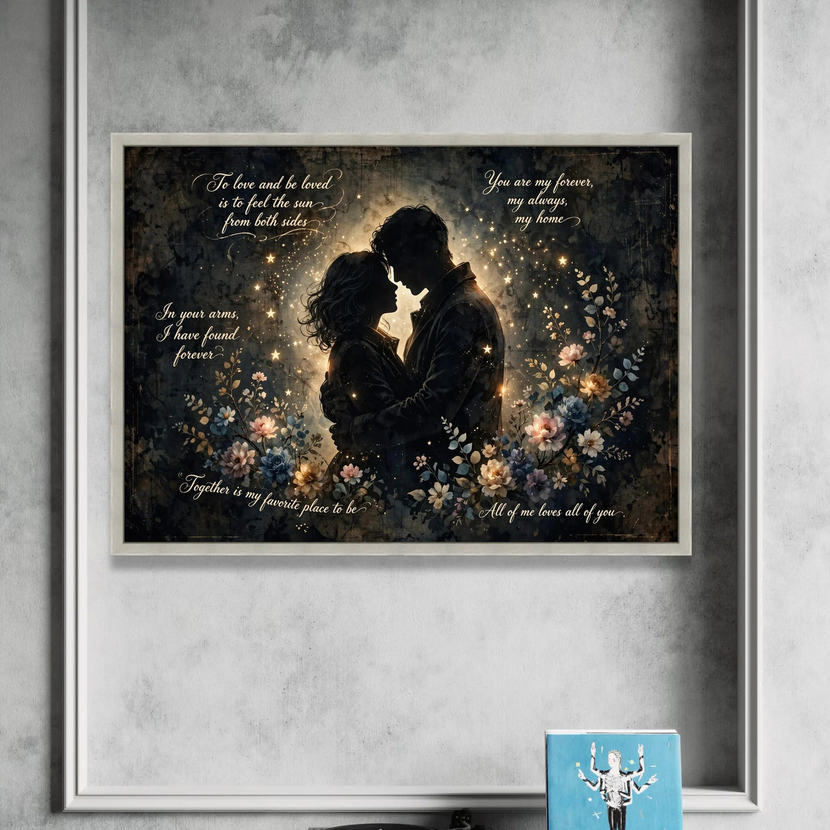 Romantic Couple Silhouette Canvas Wall Art with Inspirational Love Quotes, Floral and Starry Night Design, Heartfelt Home Canvas Print Art