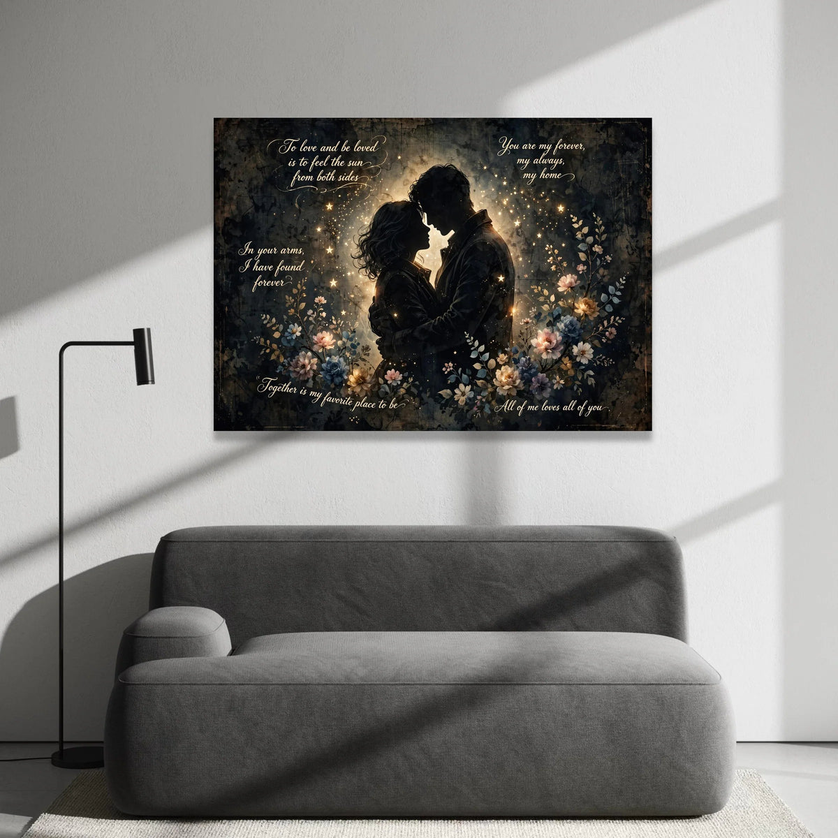 Romantic Couple Silhouette Canvas Wall Art with Inspirational Love Quotes, Floral and Starry Night Design, Heartfelt Home Canvas Print Art