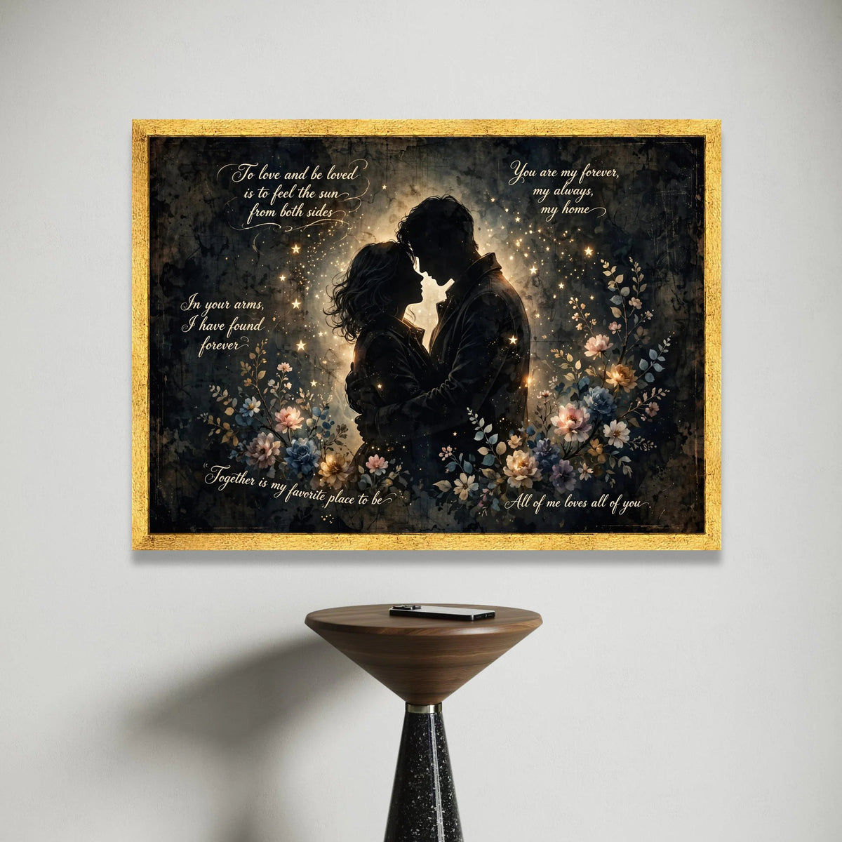 Romantic Couple Silhouette Canvas Wall Art with Inspirational Love Quotes, Floral and Starry Night Design, Heartfelt Home Canvas Print Art