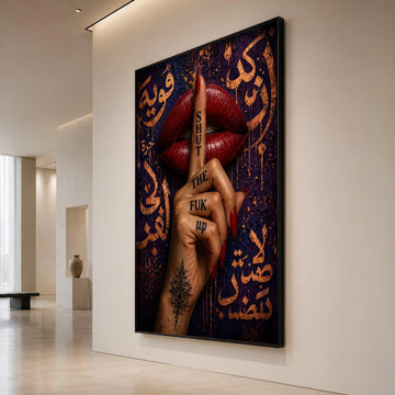 Bold Red Lips with Silent Gesture Canvas, Hand Tattoo Wall Art, Shushing Finger Design, Urban Expression Canvas Decor, Canvas Print Art