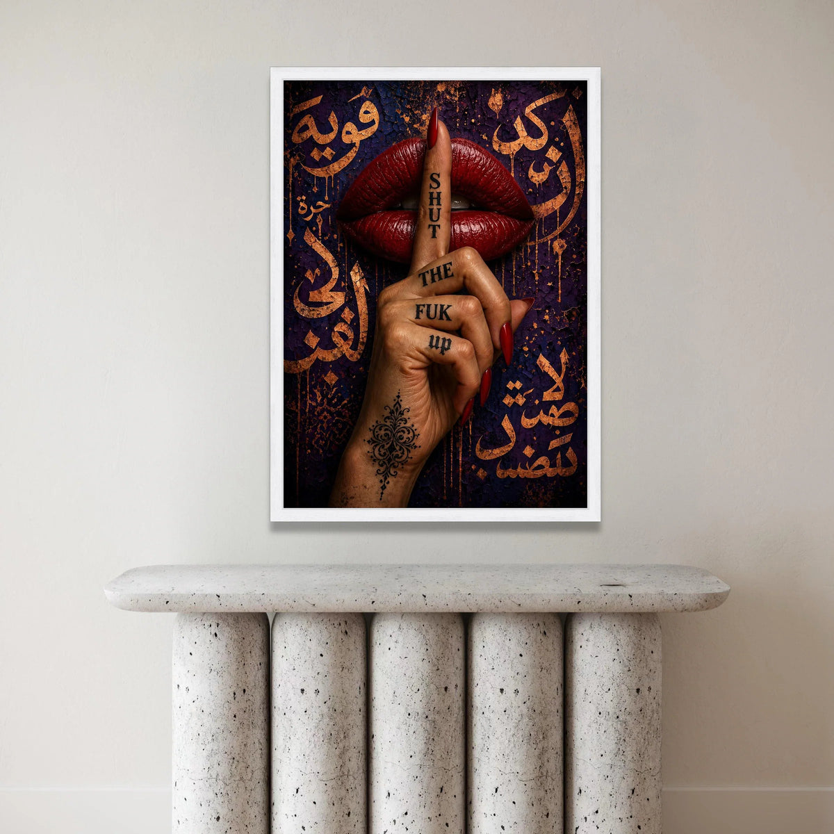 Bold Red Lips with Silent Gesture Canvas, Hand Tattoo Wall Art, Shushing Finger Design, Urban Expression Canvas Decor, Canvas Print Art