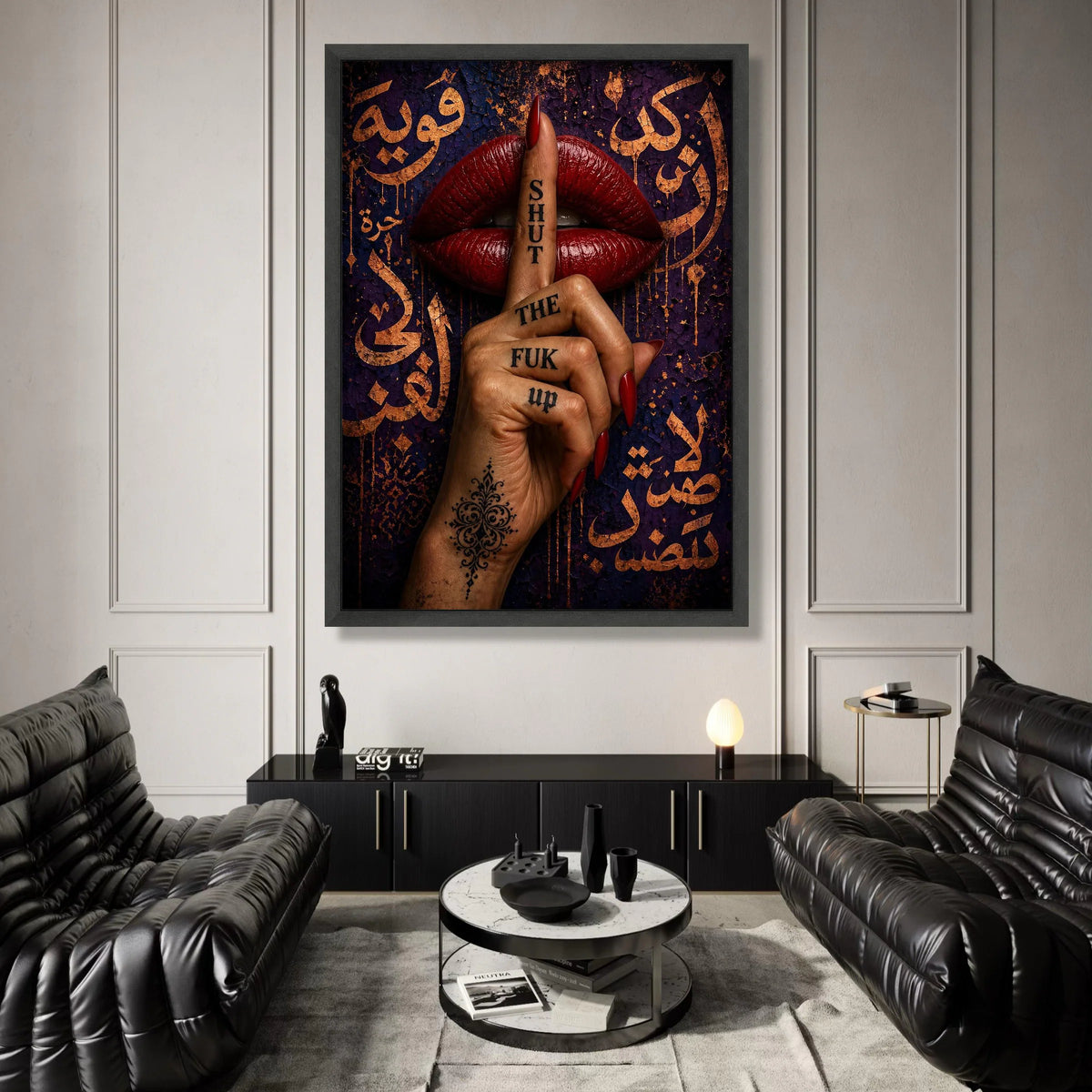 Bold Red Lips with Silent Gesture Canvas, Hand Tattoo Wall Art, Shushing Finger Design, Urban Expression Canvas Decor, Canvas Print Art