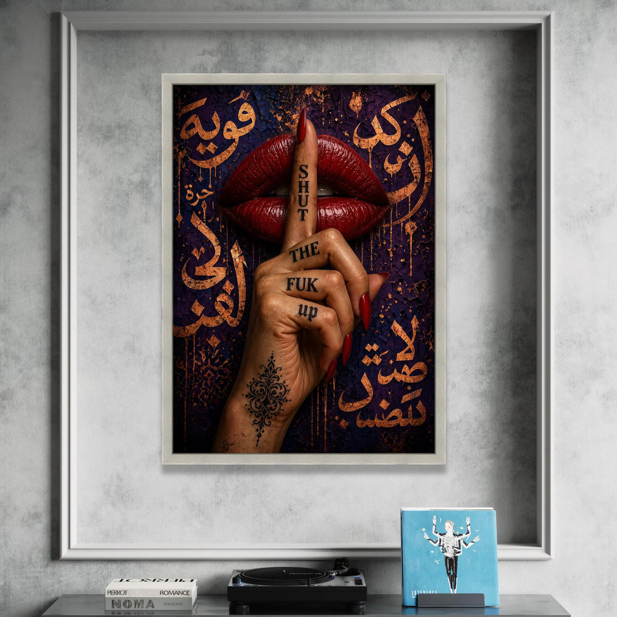Bold Red Lips with Silent Gesture Canvas, Hand Tattoo Wall Art, Shushing Finger Design, Urban Expression Canvas Decor, Canvas Print Art