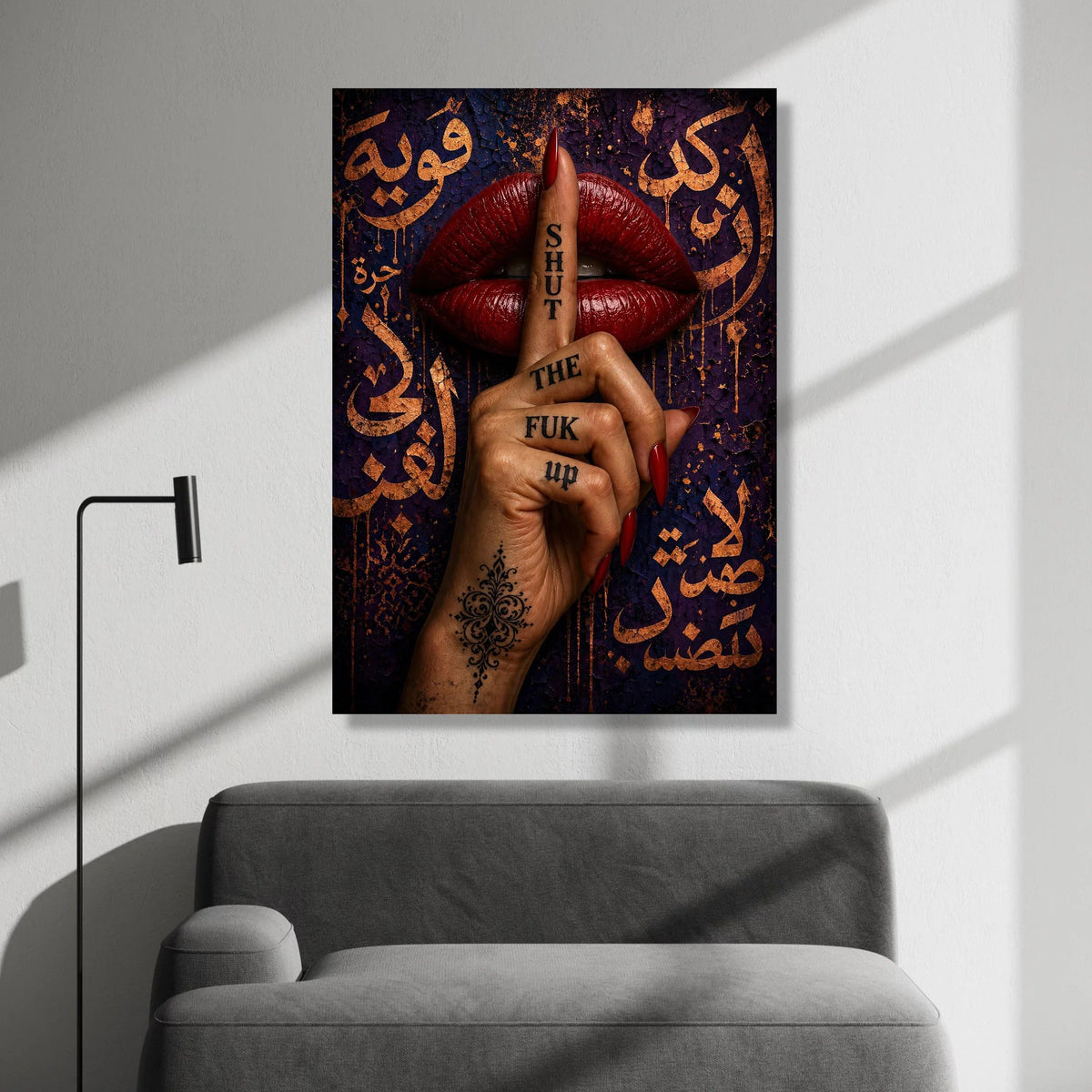 Bold Red Lips with Silent Gesture Canvas, Hand Tattoo Wall Art, Shushing Finger Design, Urban Expression Canvas Decor, Canvas Print Art