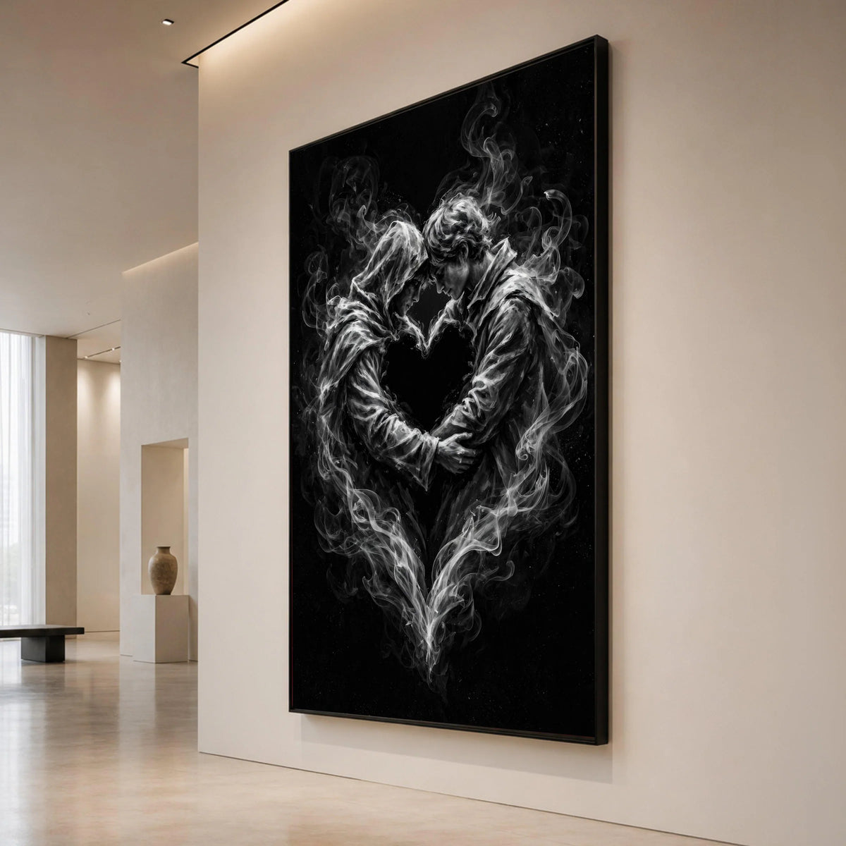 Embrace of Smoke Lovers, Romantic Heart Canvas, Surreal Couple Wall Art, Black and White Canvas, Intimate Love Decoration Canvas Print Art