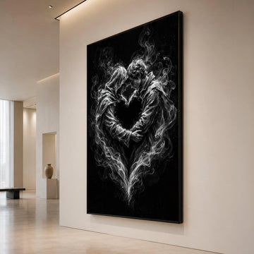 Embrace of Smoke Lovers, Romantic Heart Canvas, Surreal Couple Wall Art, Black and White Canvas, Intimate Love Decoration Canvas Print Art