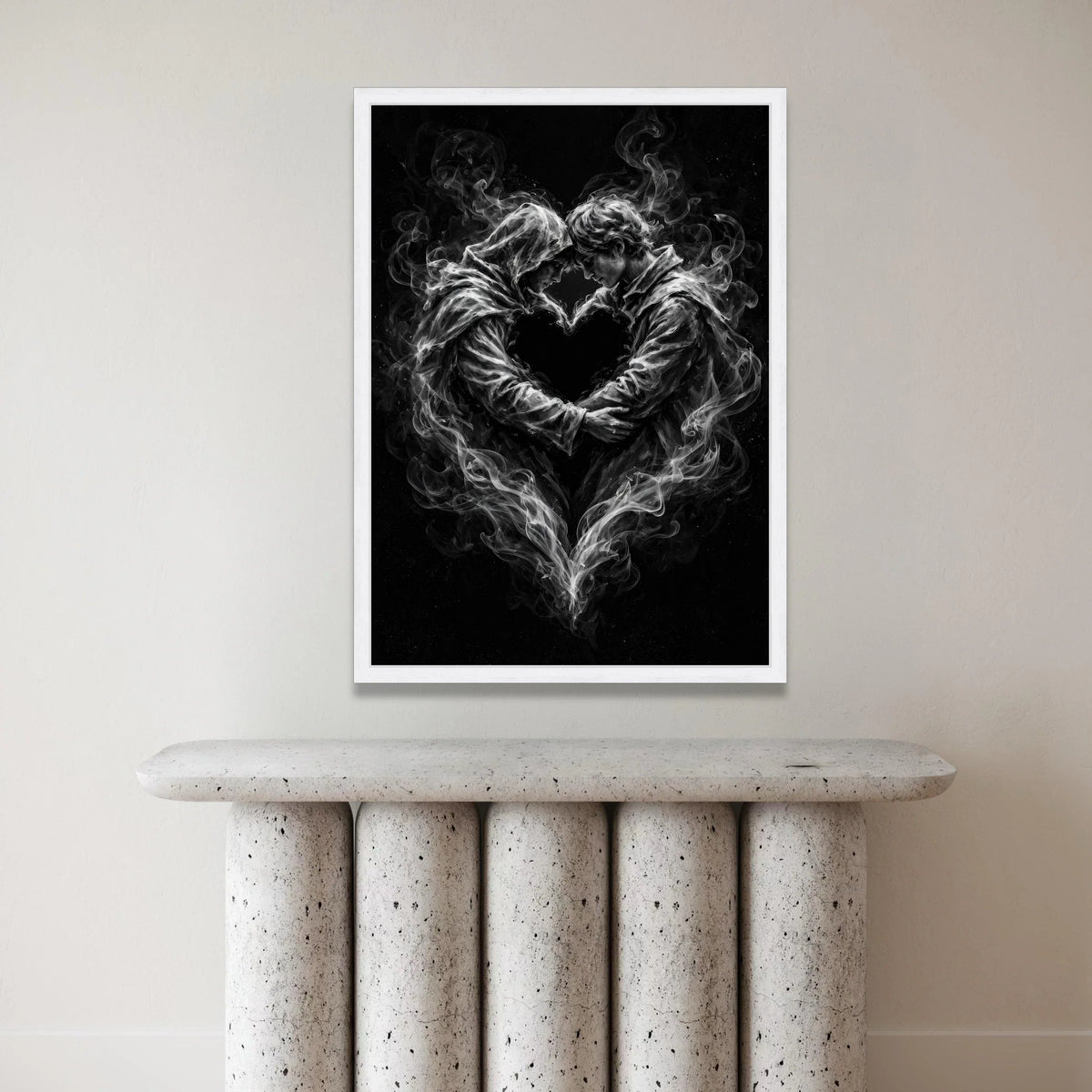 Embrace of Smoke Lovers, Romantic Heart Canvas, Surreal Couple Wall Art, Black and White Canvas, Intimate Love Decoration Canvas Print Art