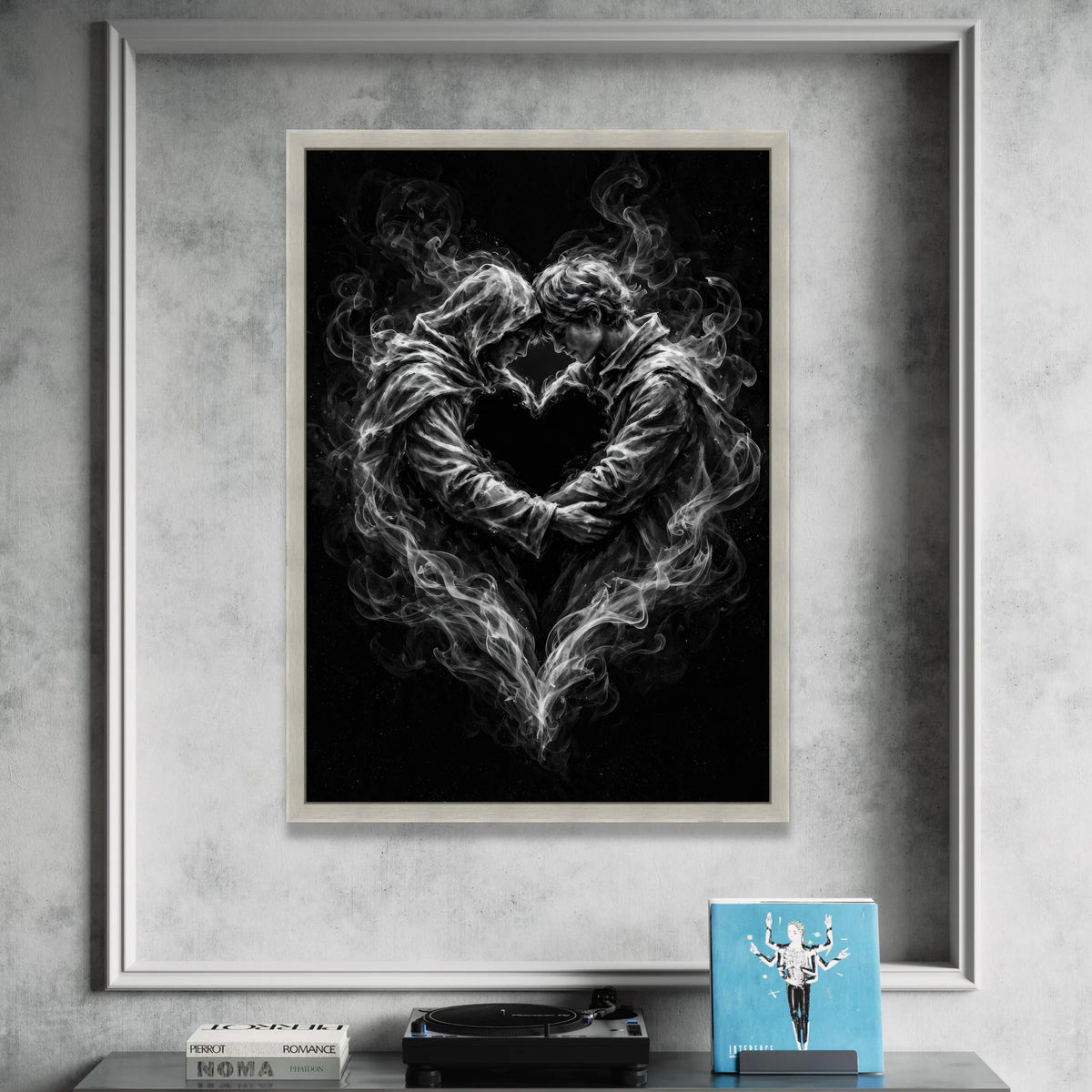 Embrace of Smoke Lovers, Romantic Heart Canvas, Surreal Couple Wall Art, Black and White Canvas, Intimate Love Decoration Canvas Print Art
