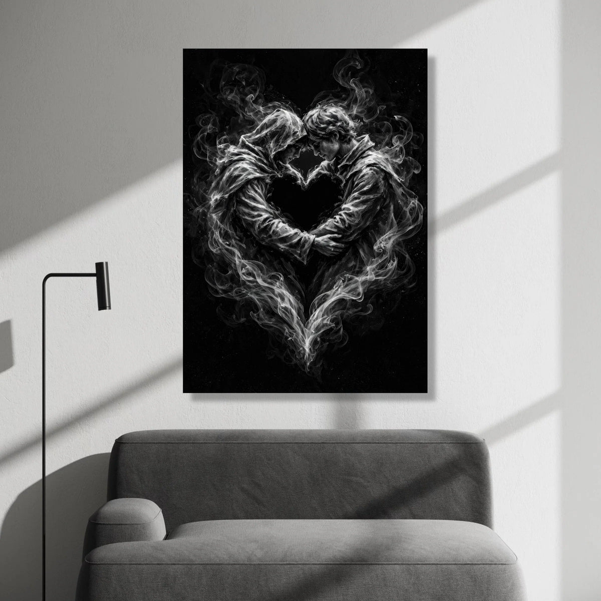 Embrace of Smoke Lovers, Romantic Heart Canvas, Surreal Couple Wall Art, Black and White Canvas, Intimate Love Decoration Canvas Print Art