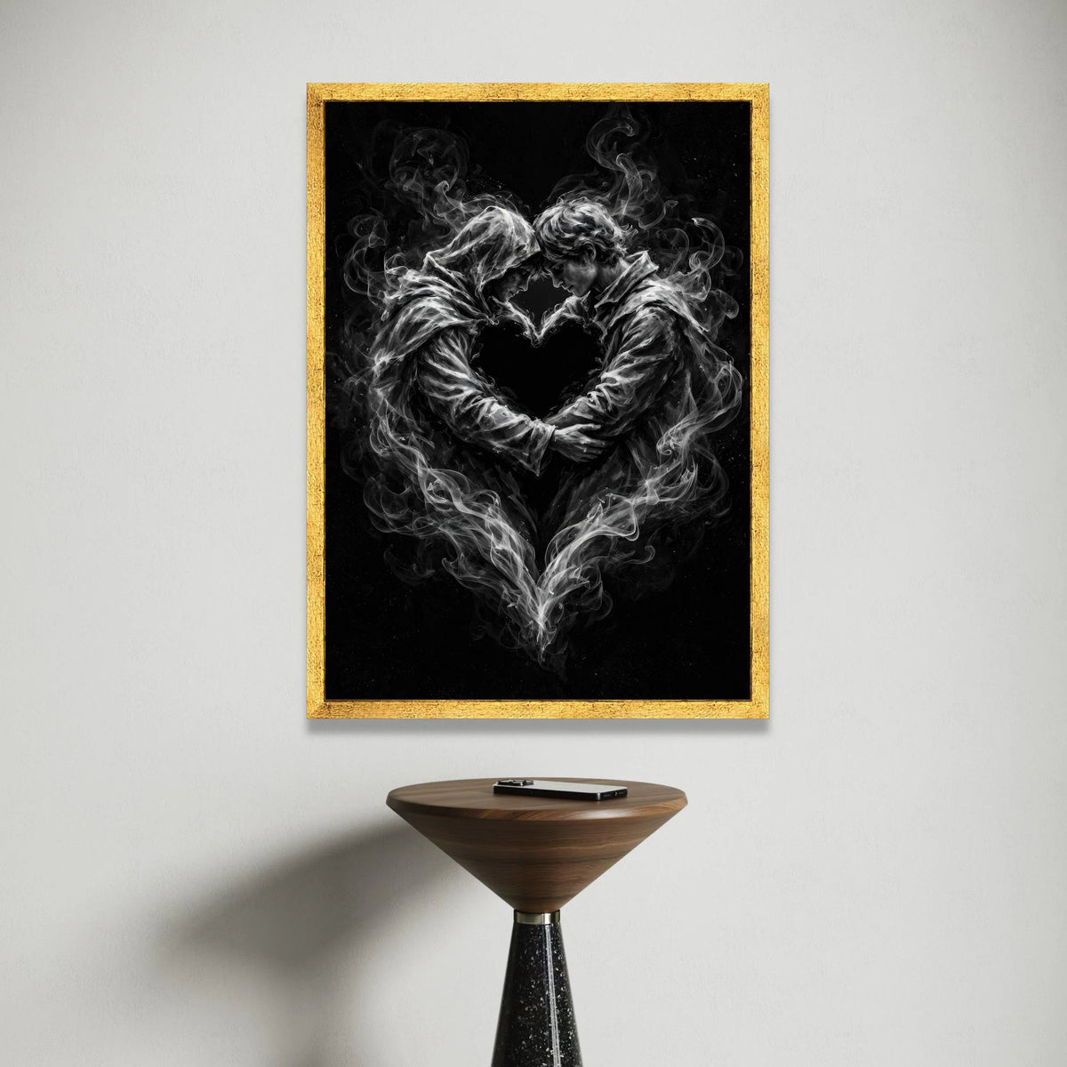 Embrace of Smoke Lovers, Romantic Heart Canvas, Surreal Couple Wall Art, Black and White Canvas, Intimate Love Decoration Canvas Print Art