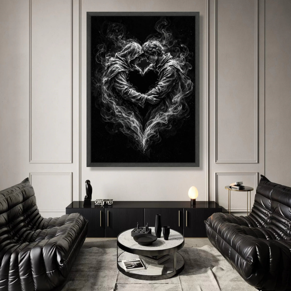 Embrace of Smoke Lovers, Romantic Heart Canvas, Surreal Couple Wall Art, Black and White Canvas, Intimate Love Decoration Canvas Print Art