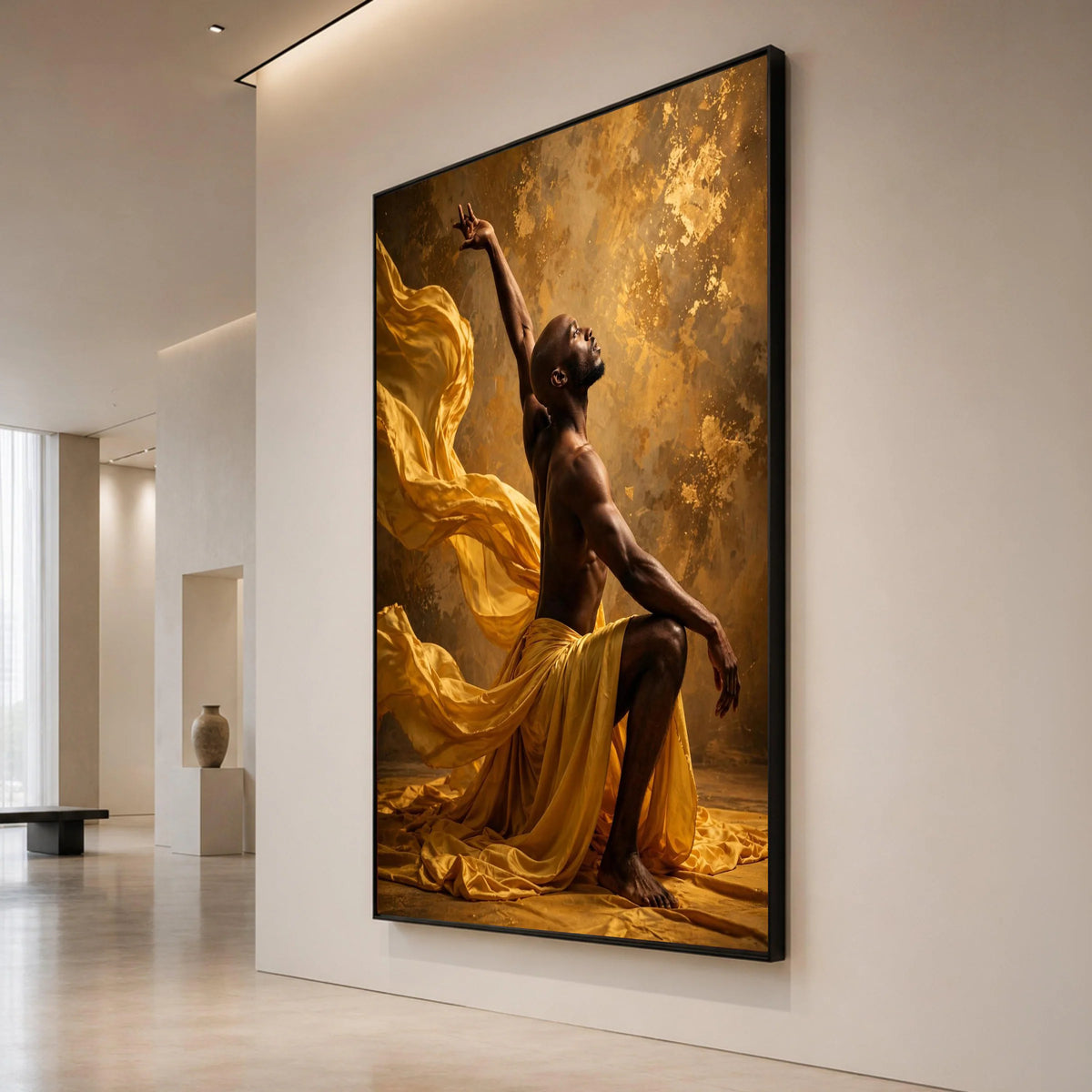 Graceful Dance Pose Canvas Wall Art, Flowing Yellow Fabric, Elegant Male Figure, Artistic Home Decor, Dynamic Movement Canvas Print Art
