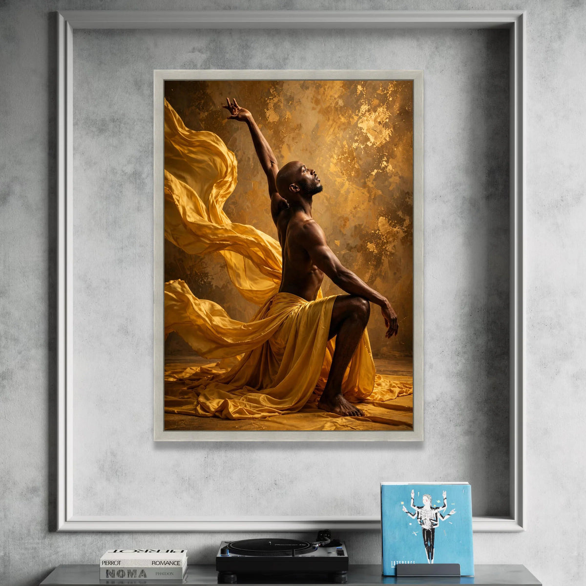 Graceful Dance Pose Canvas Wall Art, Flowing Yellow Fabric, Elegant Male Figure, Artistic Home Decor, Dynamic Movement Canvas Print Art