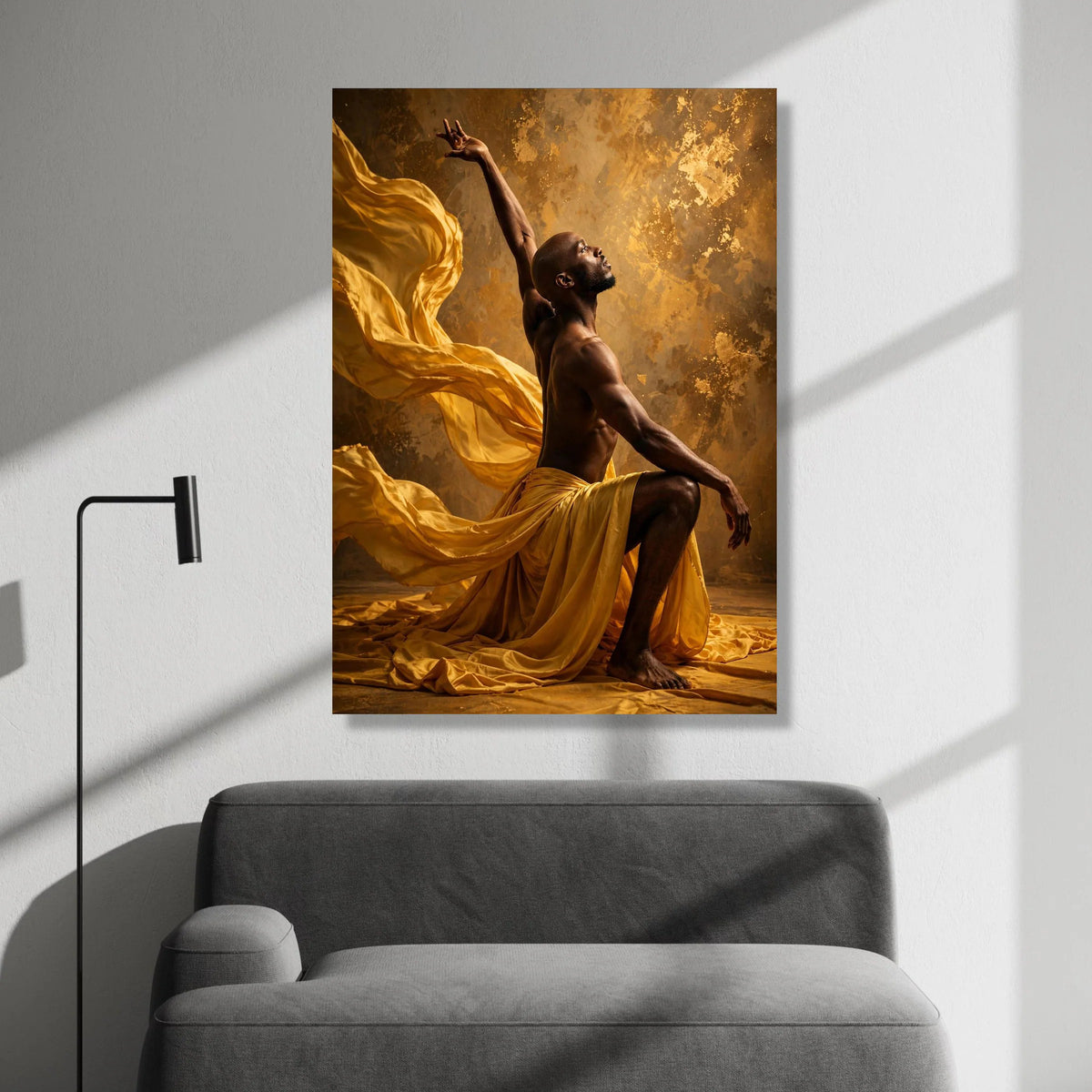 Graceful Dance Pose Canvas Wall Art, Flowing Yellow Fabric, Elegant Male Figure, Artistic Home Decor, Dynamic Movement Canvas Print Art