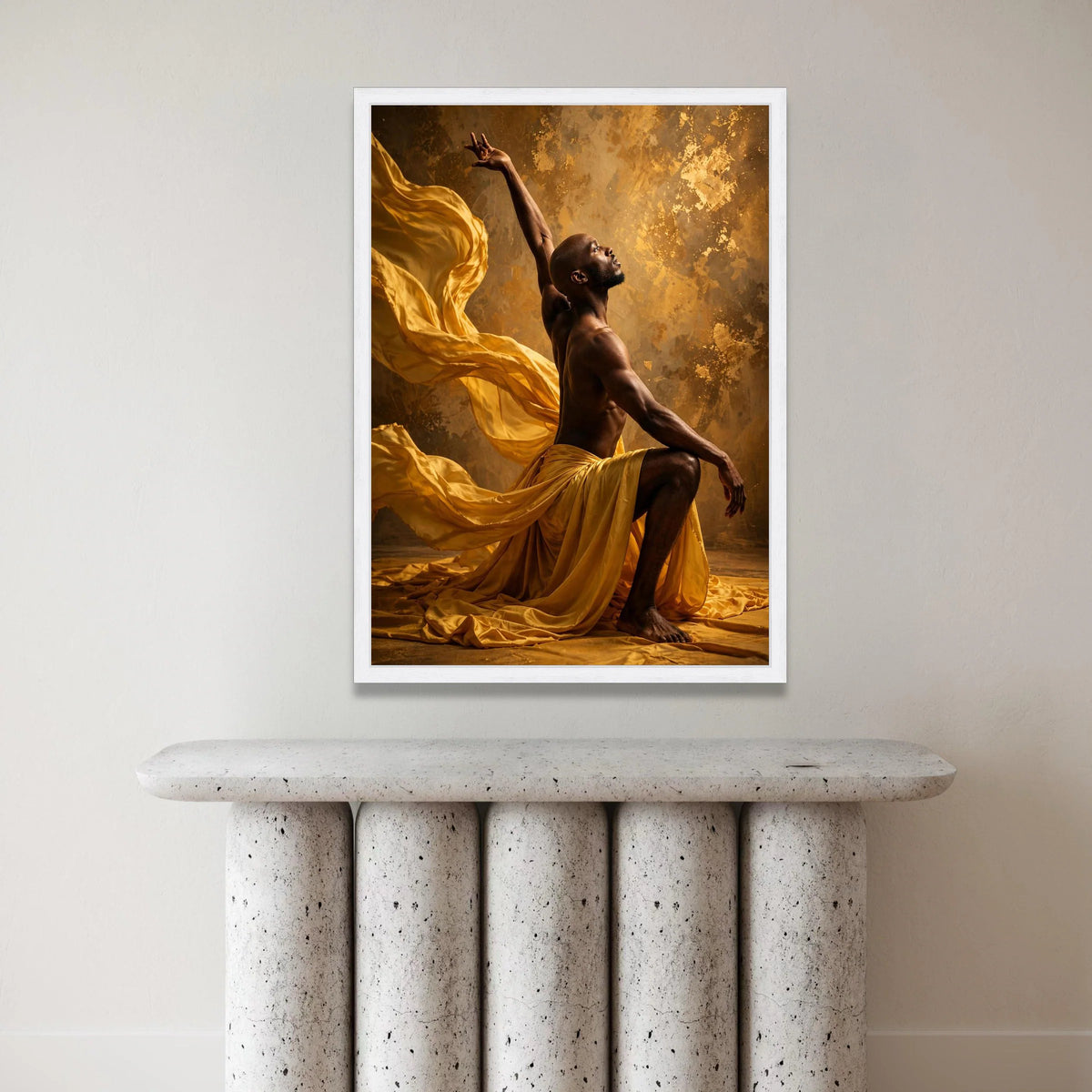 Graceful Dance Pose Canvas Wall Art, Flowing Yellow Fabric, Elegant Male Figure, Artistic Home Decor, Dynamic Movement Canvas Print Art