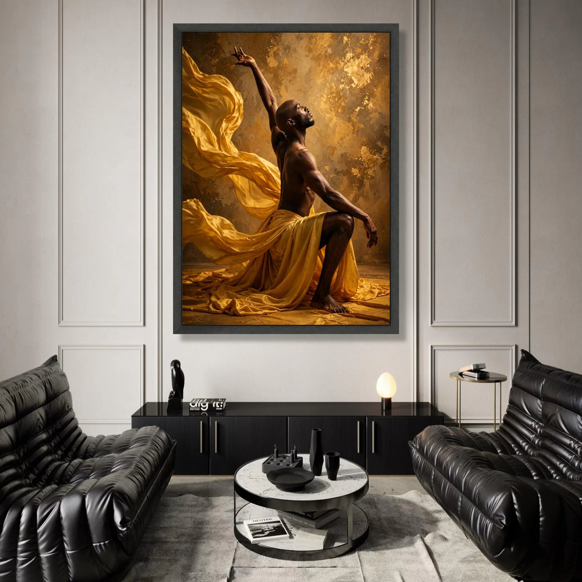 Graceful Dance Pose Canvas Wall Art, Flowing Yellow Fabric, Elegant Male Figure, Artistic Home Decor, Dynamic Movement Canvas Print Art