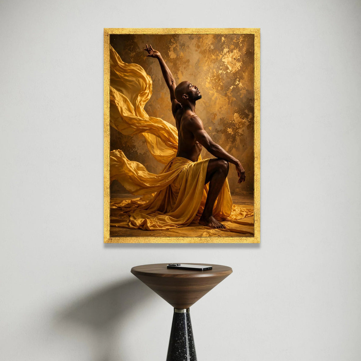 Graceful Dance Pose Canvas Wall Art, Flowing Yellow Fabric, Elegant Male Figure, Artistic Home Decor, Dynamic Movement Canvas Print Art