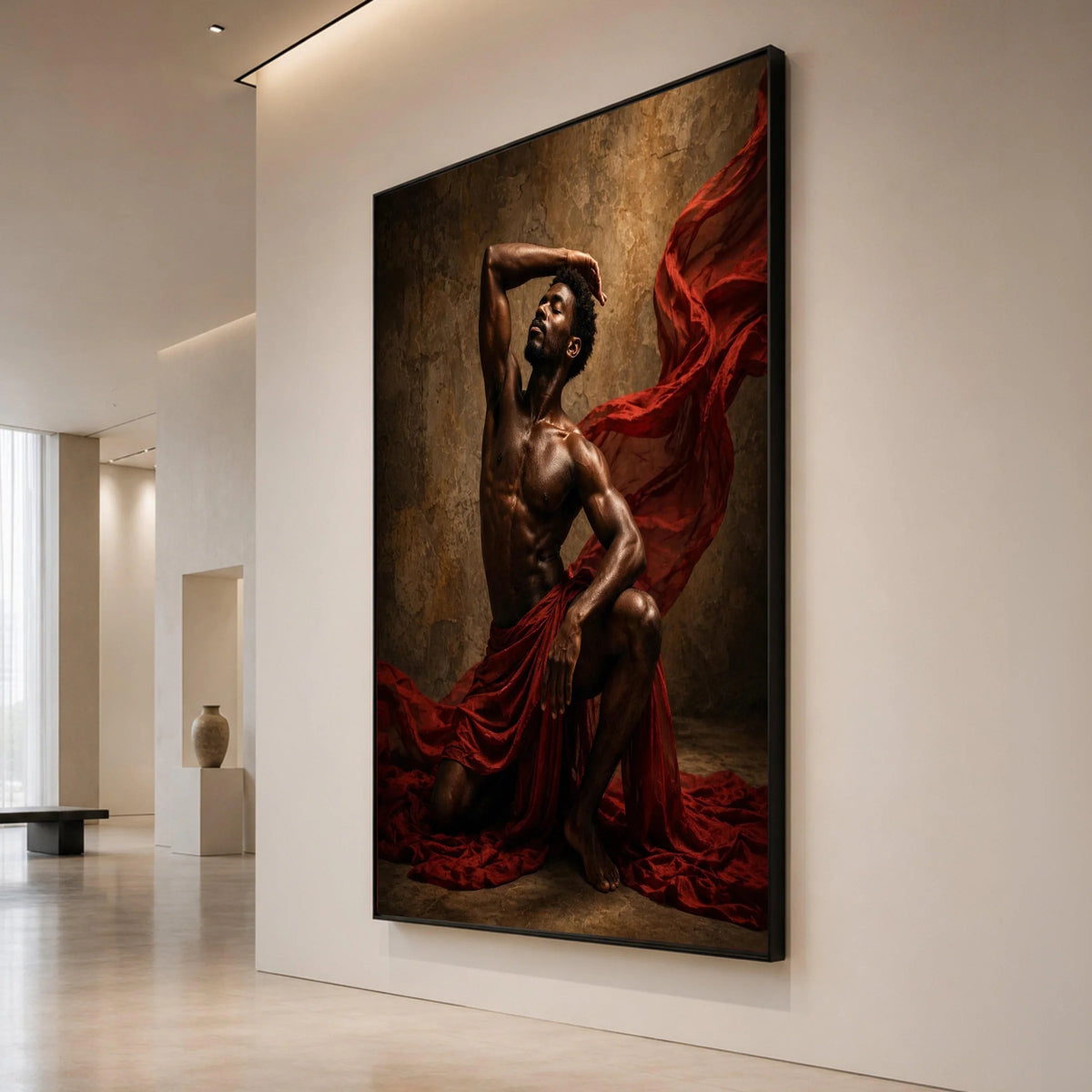 Dynamic Male Dance Pose Canvas, Artistic Body Expression Wall Art, Muscular Figure with Flowing Red Fabric, Dramatic Home Canvas Print Art