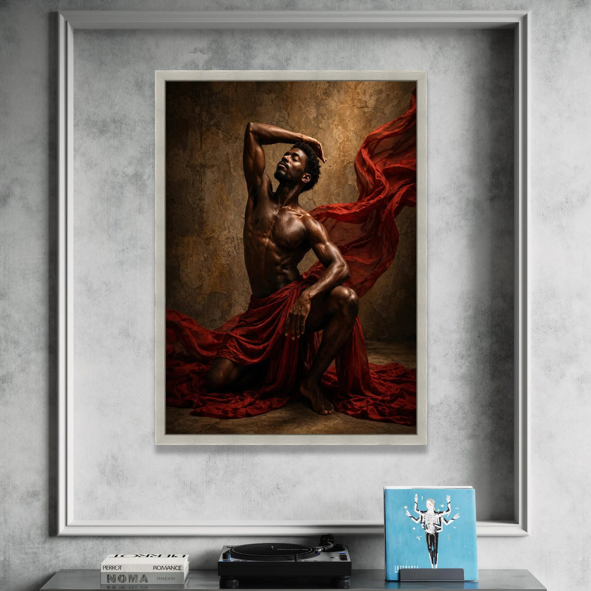 Dynamic Male Dance Pose Canvas, Artistic Body Expression Wall Art, Muscular Figure with Flowing Red Fabric, Dramatic Home Canvas Print Art