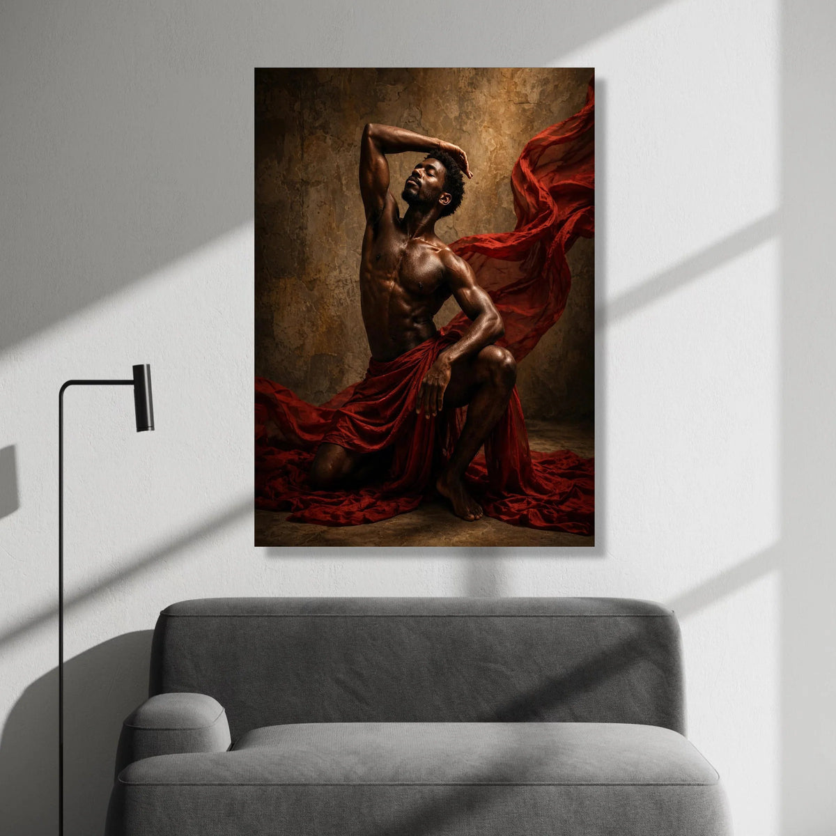 Dynamic Male Dance Pose Canvas, Artistic Body Expression Wall Art, Muscular Figure with Flowing Red Fabric, Dramatic Home Canvas Print Art