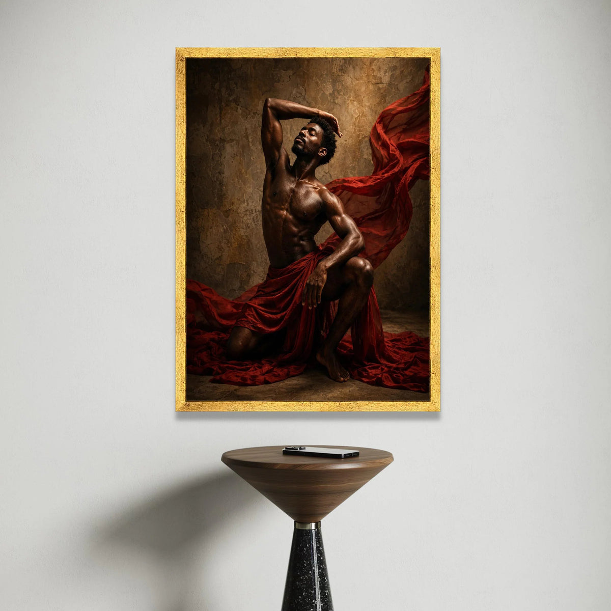Dynamic Male Dance Pose Canvas, Artistic Body Expression Wall Art, Muscular Figure with Flowing Red Fabric, Dramatic Home Canvas Print Art