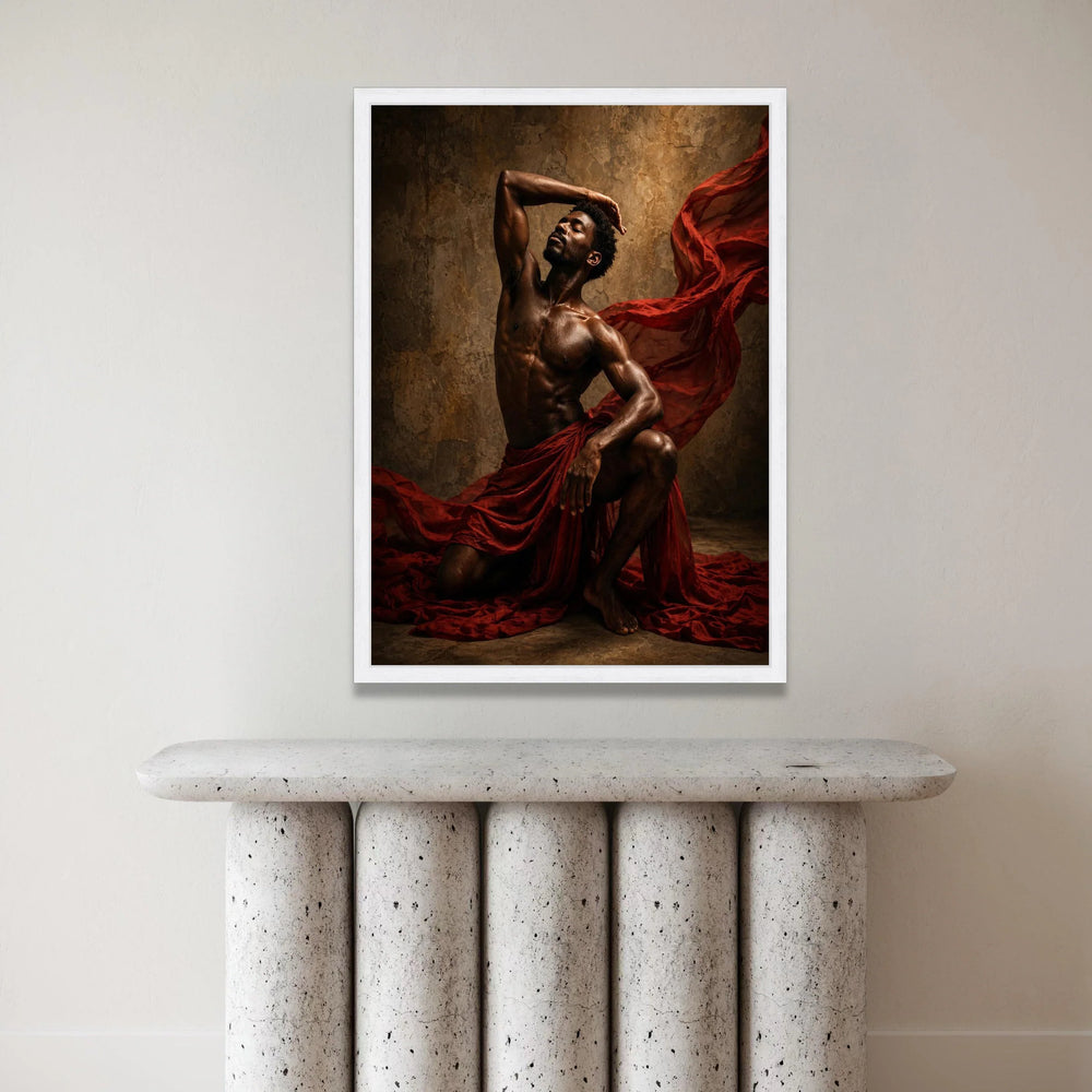 Dynamic Male Dance Pose Canvas, Artistic Body Expression Wall Art, Muscular Figure with Flowing Red Fabric, Dramatic Home Canvas Print Art